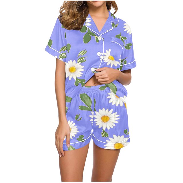 Jamicy Pyjama Super Doux pour Femmes Mode Décontractée Imprimé Haut à Manches Courtes à Col à Revers avec Short Ample Confortable Ensemble de Pyjama pour la Maison