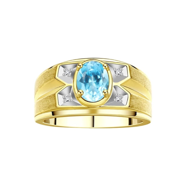 RYLOS Men's Rings 14K Yellow Gold Rings Classic Designer Style 8X6MM Oval Gemstone & Diamond Ring Blue Topaz December Birthstone Rings For Men Size 10