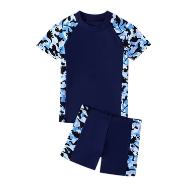 B91xZ Boys Rash Guard Swimsuits Set 2 Piece Short Sleeve Swim Shirts Quick Dry Bathing Suits with Trunks,Blue 4-5 Years