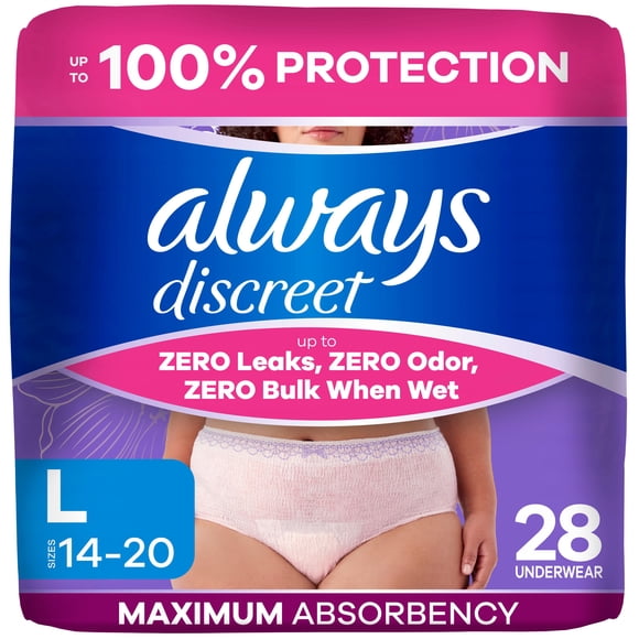 Couches Always Discreet réinventées pour femmes adultes, culottes d’incontinence et culottes de post-partum à protection maximale, taille G, 28 couches