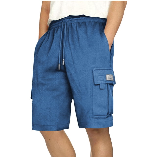 Eryao Short Cargo Bleu pour Hommes Taille Élastique à Cordon Short de Jogging de Gym avec Poches à Rabat Short en Molleton Confortable,m