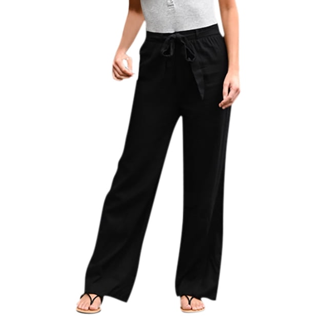 Pantalon Grand XZNGL pour Femmes avec un design Noir Uni, Coupe Ample et Décontractée et Lien à Nouer à Taille Haute. Fabriqué en polyester Respirant, Ce Pantalon Léger Convient à Toutes les Saisons et Polyvalent pour des occasions comme la Détente, le Travail Ou les Activités de Plein Air. Montré dans une Vue Orientée vers l'Avant, Assorti à un Haut Gris et des Sandales.