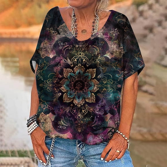 Walmart Prime Day Deals Womens Summer Tops Dressy Casual Plus Size Oversized Blouses Graphic Print Tops Short Sleeve Deep V Neck Shirts Black and Friday My Orders Delivery Prime Day Deals Today 2024