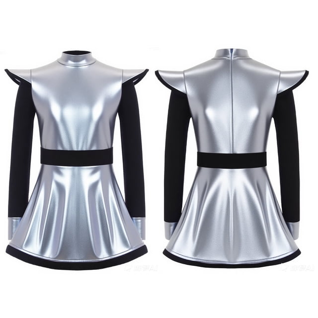 Moggemol Robe à Manches Longues Zippée avec Short Intégré, Patchwork Métallisé Brillant, Vêtements Extraterrestres pour Filles Argent 14