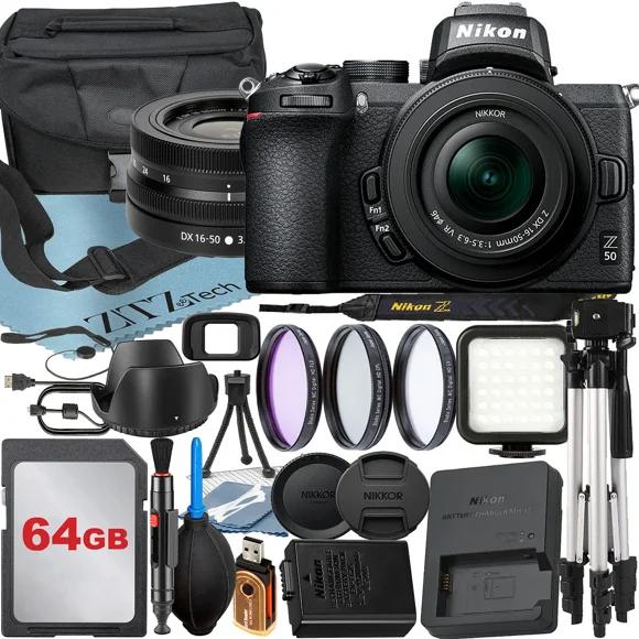 Nikon Z50 Mirrorless Camera with NIKKOR Z DX 16-50mm VR Zoom Lens + 64GB Card + Case + 3 Pieces Filter + Flash + ZeeTech Accessory Bundle