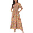 thumbnail image 2 of INSPIRE CHIC Robe Maxi d'Été Décontractée pour Femme à Col en V, Florale, Manches Courtes Volantées, Smockée, Fluide, avec Poches, TG Gris Vert, 2 of 6