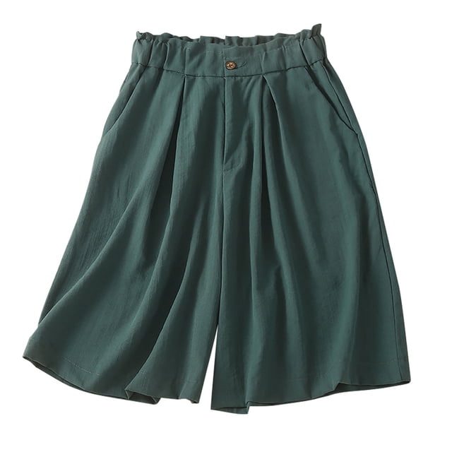 Diufon Elastic Ruffle Waist Shorts for Women Cotton Linen Pleated Shorts Pockets Solid Color Button Shorts