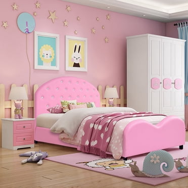 Costway Lit Plateforme en Bois Rembourré en PU pour Enfants Chambre à Coucher Mobilier Rose