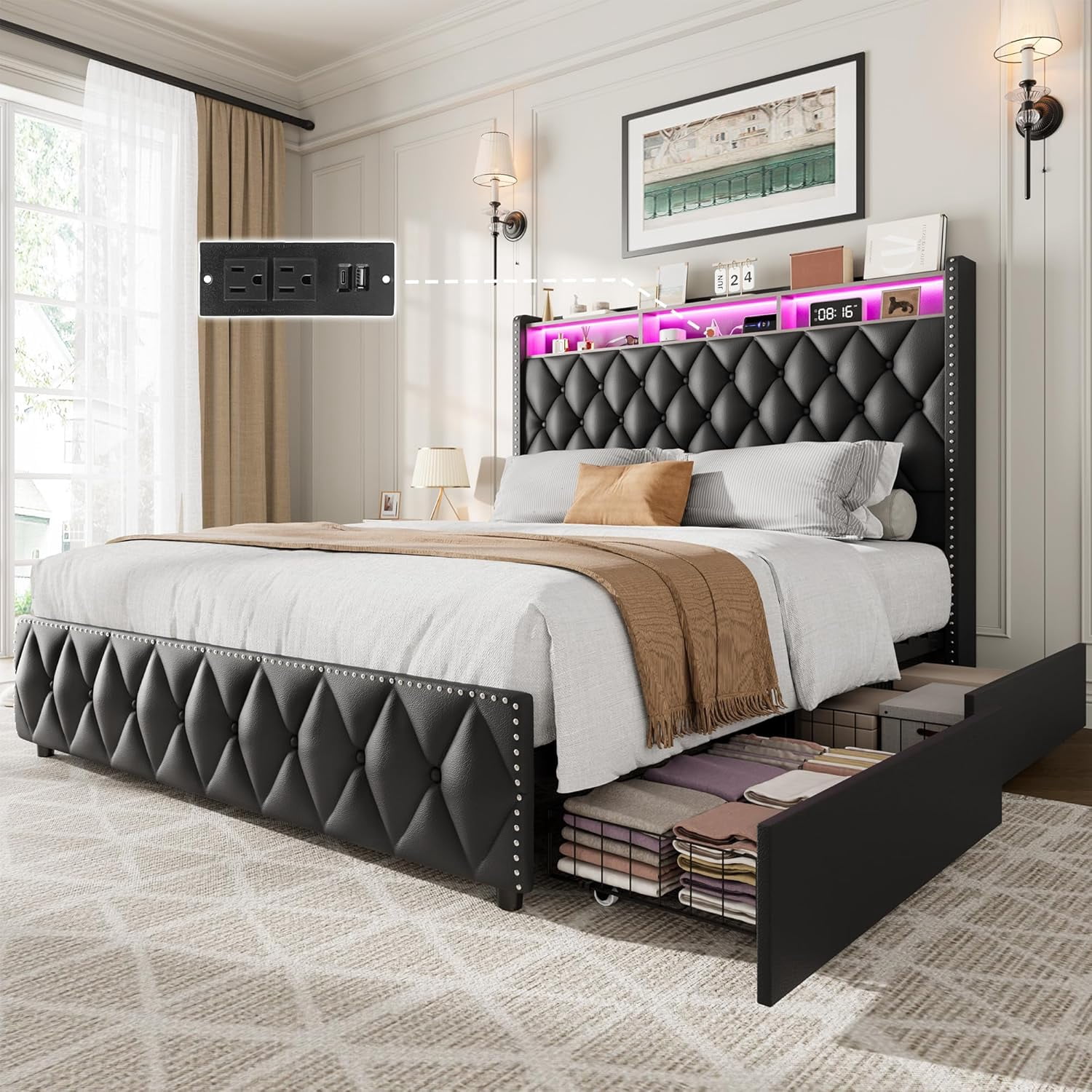 Bingirl King-Size Bed Frame with 51-Inch Tall Headboard, Platform Design, Leather Upholstered, 4 Storage Drawers, USB Charging Station, LED Lights, No Box Spring Required, Easy to Assemble - Grey