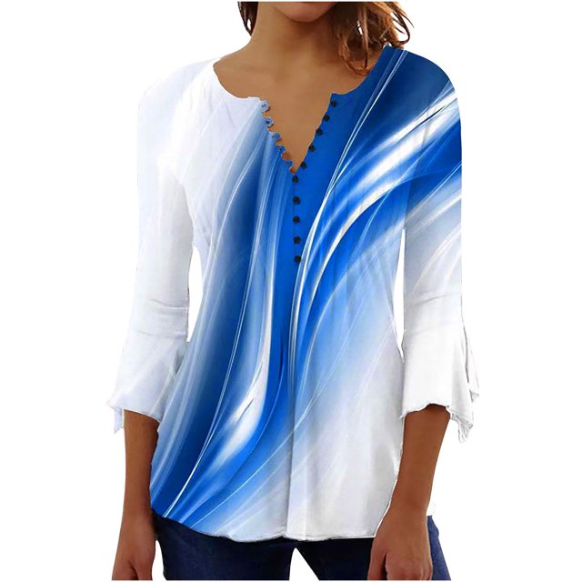 XZNGL 3/4 Sleeve Tops for Women Womens Casual Trumpet 3/4 Sleeve Printed Buttoned Basic Ruched Tops Pleated Blouses Women Blouses and Tops Fashion Womens Tops 3/4 Sleeve