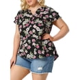 thumbnail image 4 of GRACE & GRANDEUR Hauts pour Femmes Grande Taille Rétro à Fleurs Col en V à Étages Manches Courtes Blouses 4X Noir, 4 of 8