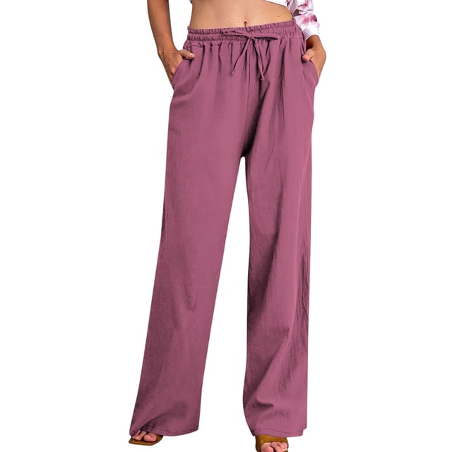 FNFYFH Clearance Womens Wide Leg Pants with Pockets Drawstring Cotton Linen Pant Solid Palazzo Trousers,Yellow