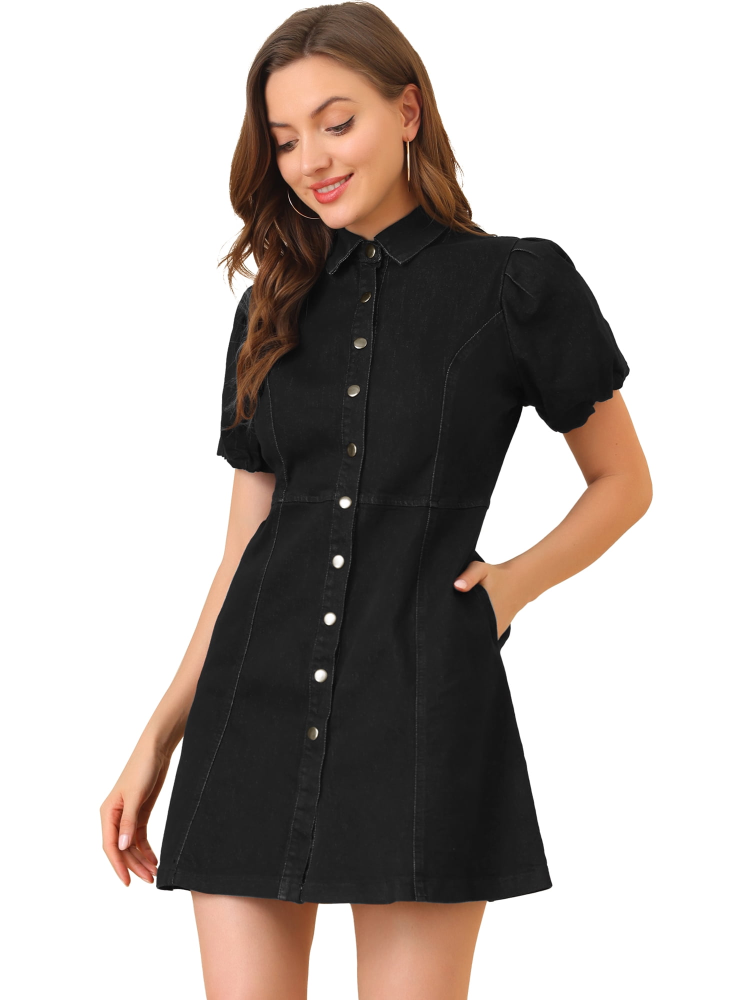 INSPIRE CHIC Robe en Denim pour Femme à Manches Courtes Bouffantes, Robe Chemise à Boutons