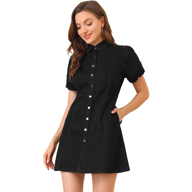 INSPIRE CHIC Robe en Denim pour Femme à Manches Courtes Bouffantes, Robe Chemise à Boutons
