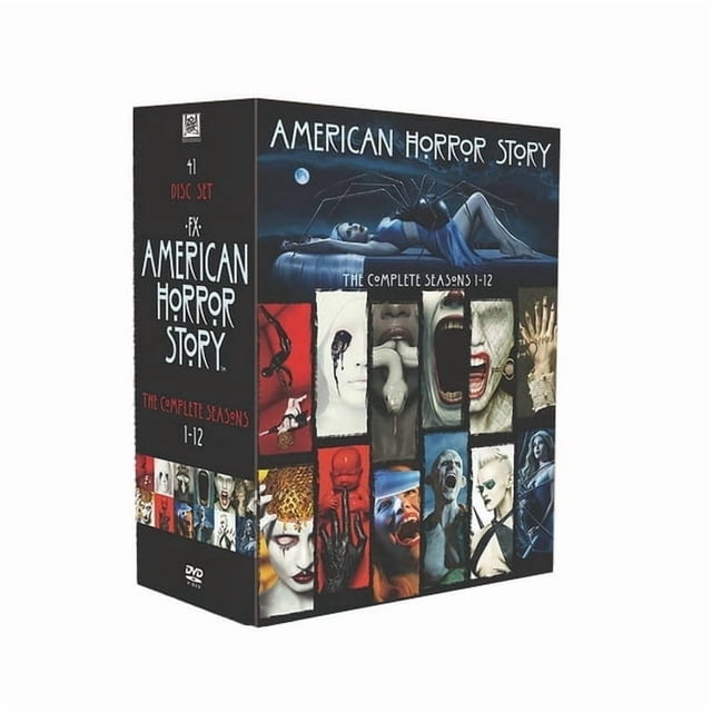American Horror Story Seasons 1-12 Complete Series DVD box set featuring a collage of eerie and haunting imagery from the series. The packaging highlights the anthology's themes, including a haunted house, asylum, witch coven, freak show, hotel, and more. Includes 11-disc set by 20th Century Fox Home Entertainment.