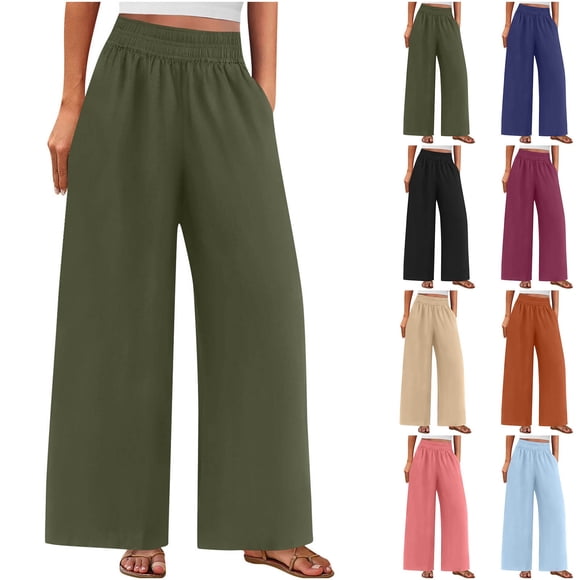 QATAINLAV Pantalon à Jambe Grand pour Femmes Coupe Ample Coton Lin Pantalon Palazzo Uni Décontracté Taille Élastique Pantalon d'Été de Plage avec Poches Noir P Prime By Hour