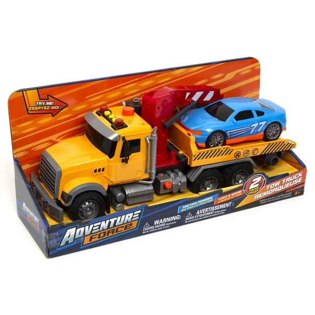 Ensemble de Dépanneuse avec un Dépanneuse Jaune à Friction Comprenant un Bras de Remorquage Rouge et une Voiture de Course Bleue Numérotée 77 sur le Plateau, Incluant des Effets de Lumière et de Son, de Adventure Force, Idéal pour les Ensembles de Course Automobile et le Jeu Imaginatif de Véhicules pour 3 Ans et Plus.