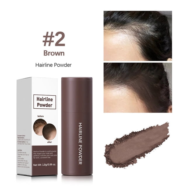 WIFKLSIIPG Poudre pour Ligne de Cheveux Ombre du Front Poudre de Modification de Ligne de Cheveux Poudre de Comblement de Ligne de Cheveux dans la Teinte #2 Brun. l'Emballage compact Comprend un Contenant Cylindrique et une Boîte, Tous Deux Étiquetés « Poudre pour Ligne de Cheveux ». la Poudre Est Présentée en Échantillon et Appliquée à une Ligne de Cheveux pour le Contour et le Comblement, Améliorant un Style Naturel. Convient aux applications de Coloration Semi-Permanente des Cheveux.