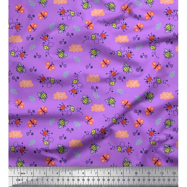 Soimoi Tissu Popeline de Coton Violet Abeille & Bouillotte Insectes Imprimé Tissu de Couture BTY 42 Pouces de Large