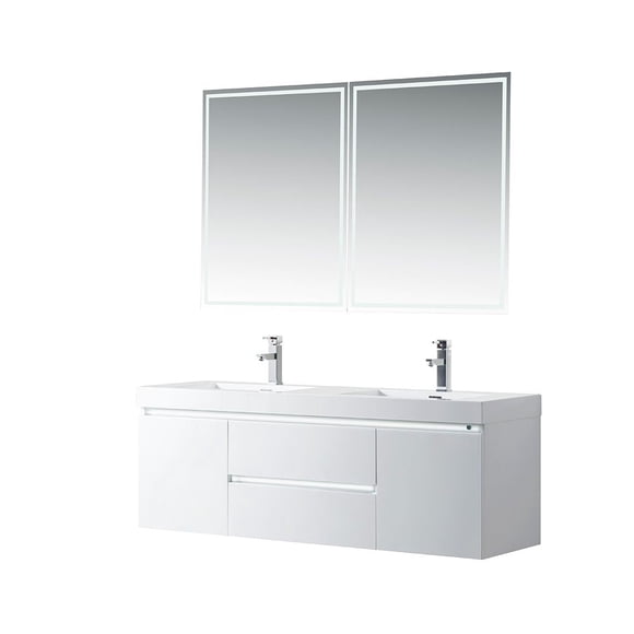Vanity Art 60 Inches Double Sink Wall Mounted Bathroom Vanity Set 2 Drawers Storage Cabinet with White Engineered Top Undermount Rectangle Sink