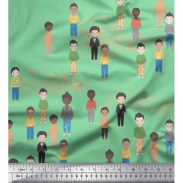 Soimoi Tissu Satin Modal Vert Imprimé Groupe Humain Tissu au Mètre 42 Pouces de Large