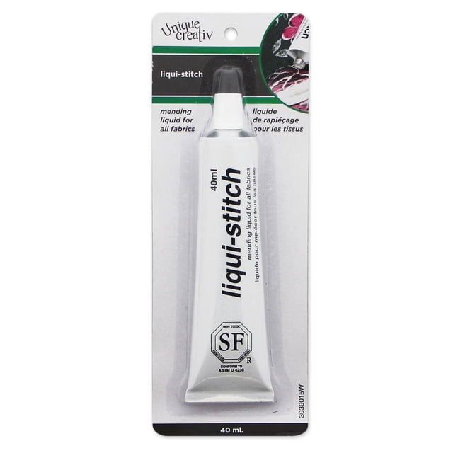UNIQUE Creativ Liqui-Stitch Glue 40 mL tube in white packaging with black text, a fabric adhesive for no-sew repairs on wool, cotton, flannel, nylon, and leather, shown front-facing on a white and green blister card with product branding and usage instructions, ideal for quick fabric mending and craft projects.