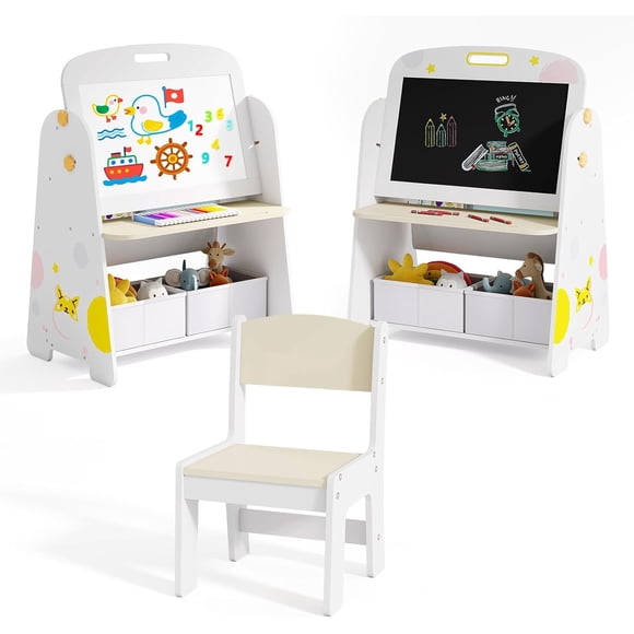 OLAKIDS Easel for Kids with Stool, 4-in-1 Double-Sided Adjustable Magnetic Chalkboard with Paper Roll, Bookshelves, Wheels, Wooden Standing Painting Drawing Art Board for Boys Girls