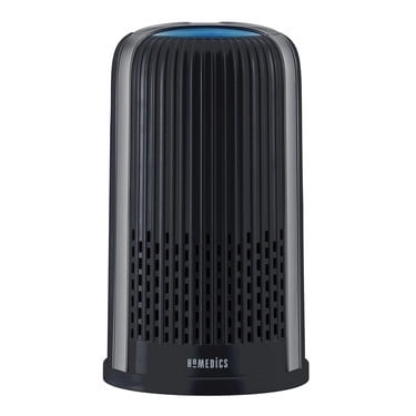 HoMedics TotalClean 4-in-1 Small Room Air Purifier with HEPA Filter, designed in a compact black tower style. It features 360-degree HEPA-type filtration to remove up to 99% of airborne allergens as small as 0.3 microns, a carbon filter to reduce odours and VOCs, and a prefilter for larger particles. Suitable for small spaces like bedrooms and offices, it purifies air in rooms up to 89.5 sq. ft. every 12 minutes. Includes two fan speeds, an ionizer for enhanced purification, and essential oil pads for fragrance. Additional features include a night-light and a filter replacement indicator.
