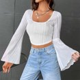 thumbnail image 2 of FAIWAD Women's Ruched Textured Crop Tops Bell Long Sleeve Square Neck Asymmetrical Streetwear Pullover Tops, 2 of 9