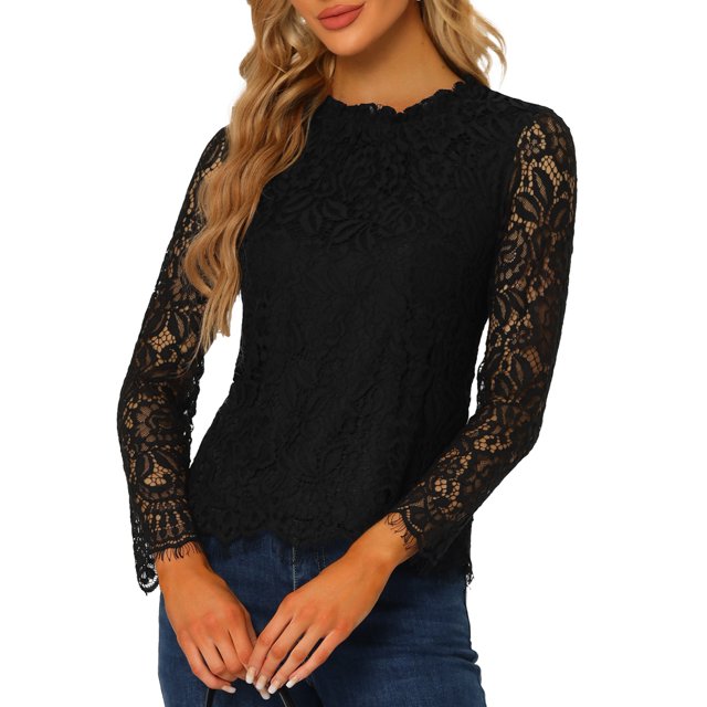 INSPIRE CHIC Haut en Dentelle pour Femme à Manches Longues, Encolure à Volants, Ourlet Péplum, Blouse Habillée à Motif Floral, L Noir