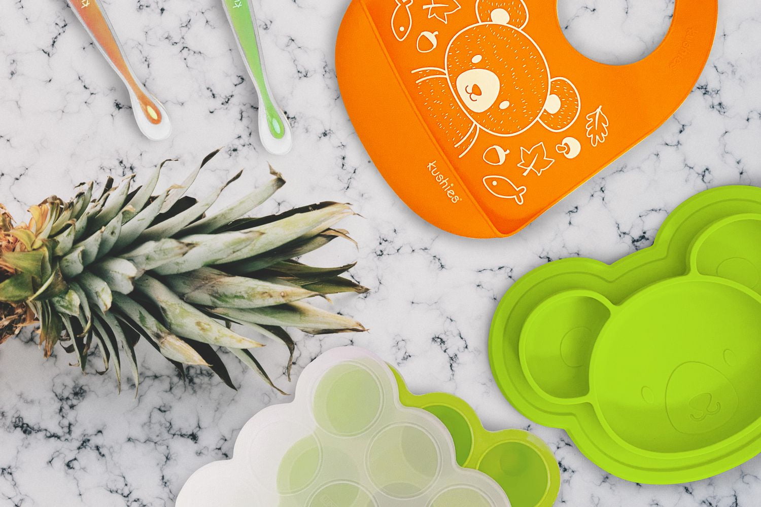 Kushies Ensemble de Repas en Silicone 100 % – Va au Lave-Vaisselle et au Micro-Ondes - Neutre - 6 Mois +