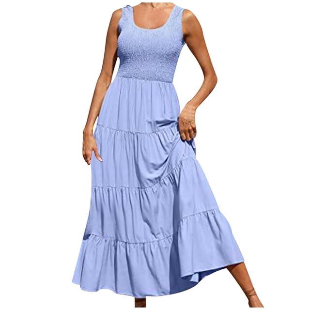 Penkiiy Robe Maxi d'Été Décontractée pour Femme, Fluide, à Volants, Bohème, Longue, m Bleu Pâle