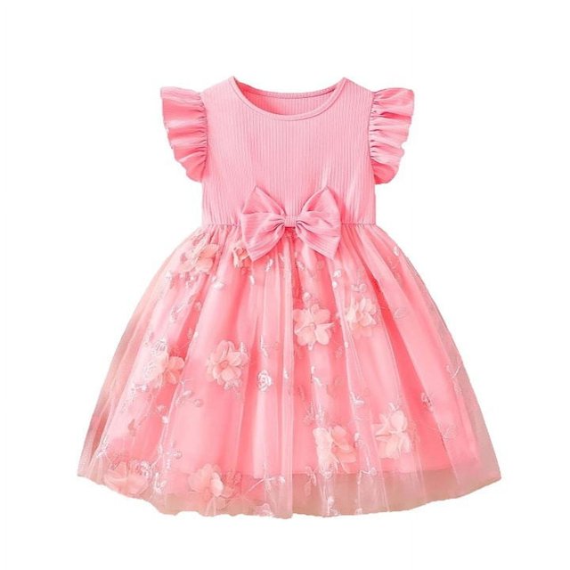 Robes pour Petites Filles Enfants Tout-Petits Robe d'Été Légère Sans Manches en Coton et Maille Robe de Jeu avec Volants Robe Fille Rose 4 Ans-5 Ans