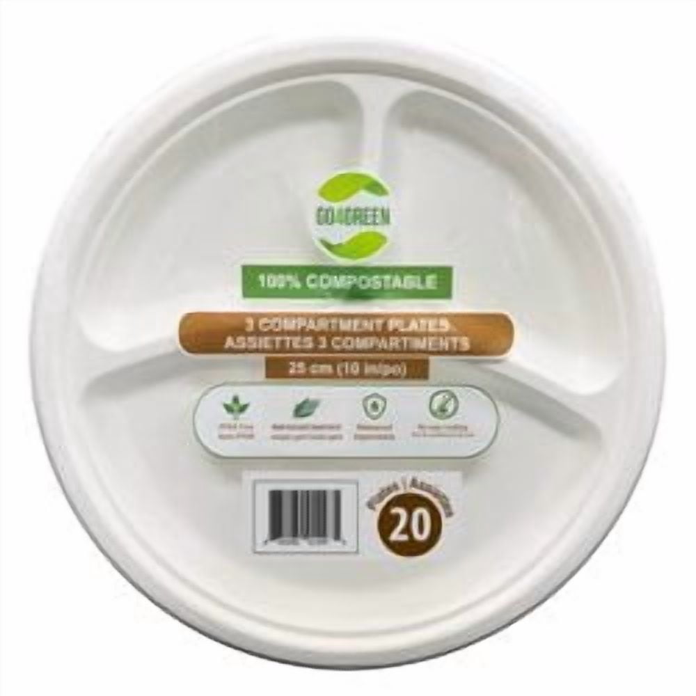 Go4Green 3 Compartment Round Plates, 20 Pieces
