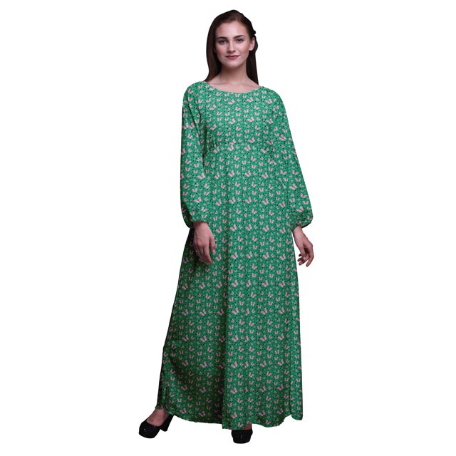 Bimba Robe Maxi à Manches Longues pour Femmes en Georgette Mousse à Pois et Imprimé Papillon, Taille Élastique - Moyen