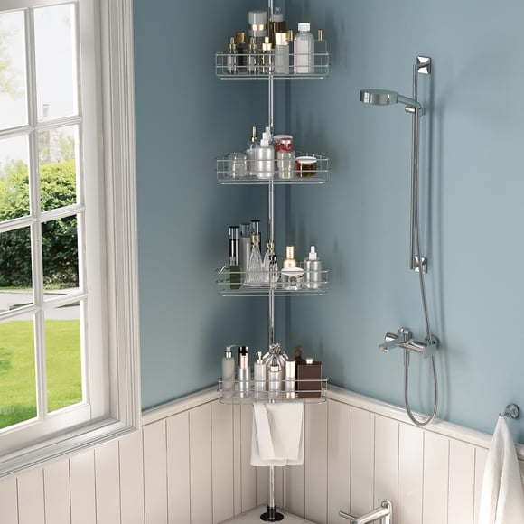 GOGRANT 4-Tier Tension Pole Shower Caddy, Corner Bathroom Organizer with Adjustable Shelves, Rustproof Standing Storage Rack for Shower Bathtub, silver