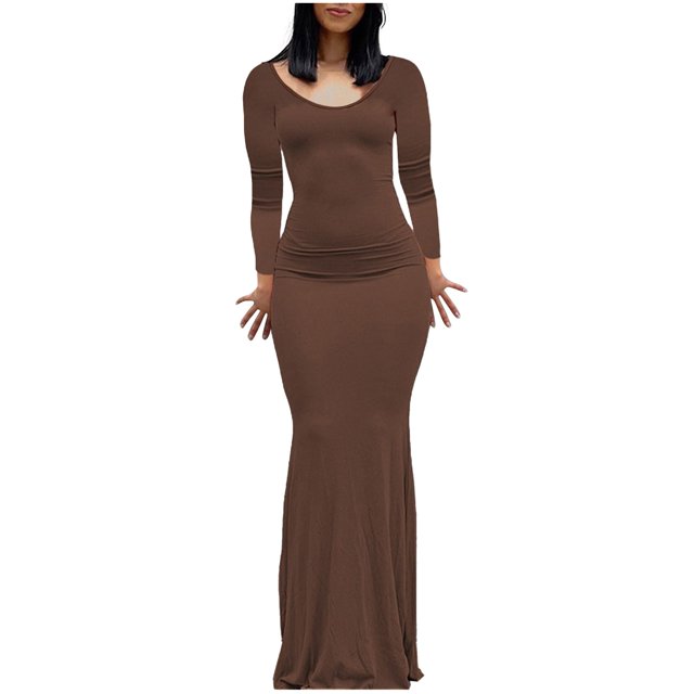 YFELWZ Robe Longue Dos Nu à Manches Longues Col en V Aguichant pour Femmes Grande Taille Marron G