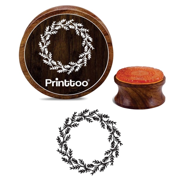 Printtoo Brown Leaf Wreath Wooden Round Rubber Stamp Craft Textile DIY Stamps-3 Inch