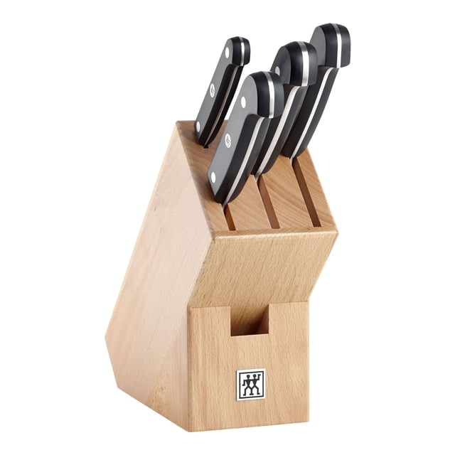 ZWILLING Gourmet 5 Piece, Knife Block Set, Nature centered front view of a beech wood knife block holding a 20 cm chef’s knife, 18 cm Chinese chef’s knife, 15 cm cleaver and 10 cm paring knife; stainless steel satin blades (ice-hardened per specs) with black ergonomic three-rivet plastic handles and lasered ZWILLING logo on centre rivet, placed on a neutral kitchen counter, suitable for home meal prep or light catering use.
