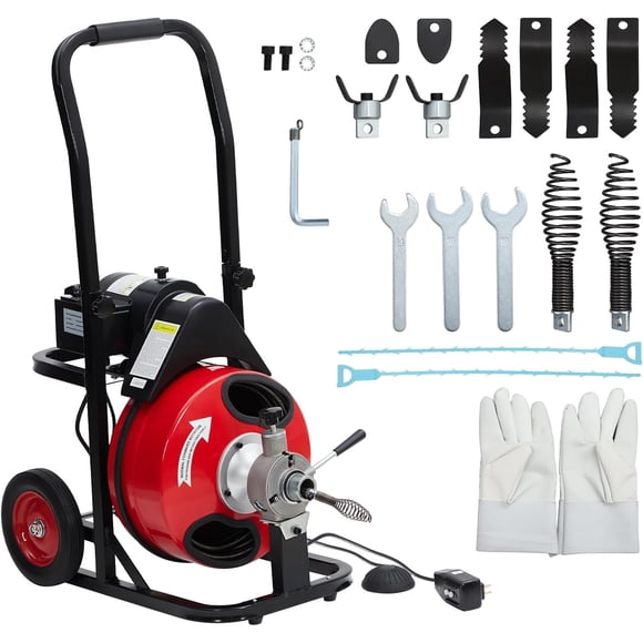 Tarière d'Égout à Alimentation Automatique 100 Pi X 1/2 Po pour Drain, pour Tuyaux de 1 à 4 Po, Moteur 370 W, 8 Coupeurs Inclus