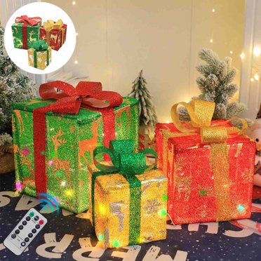 SuoKom Christmas Lighted Boxes Remote Control, Set of 3 Led Up Decor Outdoor, Up Christmas Boxes Present Decorations Outdoor Yard