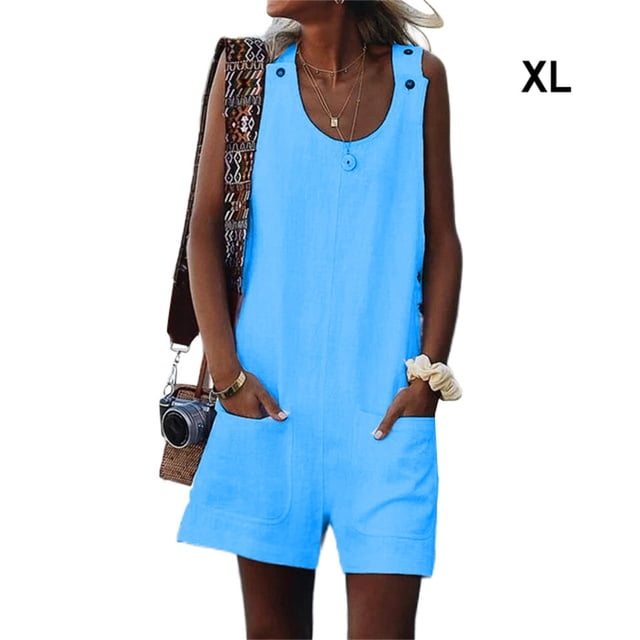 Combinaison Ample Sans Manches à Col Rond pour Femme, Estivale, Design Simple, Décontractée, Couleur Unie, Poches avant, Barboteuse, Plage, Marche, Bleu, TG