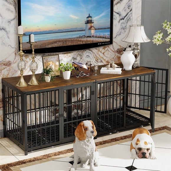 Wisfor 42 inch Black Heavy Duty Dog Crate Kennel Cage, TV stand, Wood End Side Table, Furniture