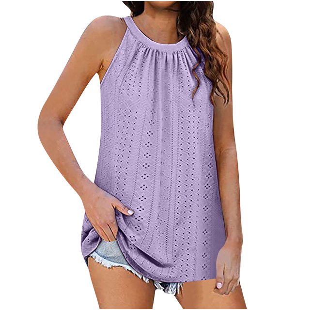 Timegard Camisole à Oeillets pour Femmes Col Rond Froncée Sans Manches Confortable Décontractée T-Shirts Été