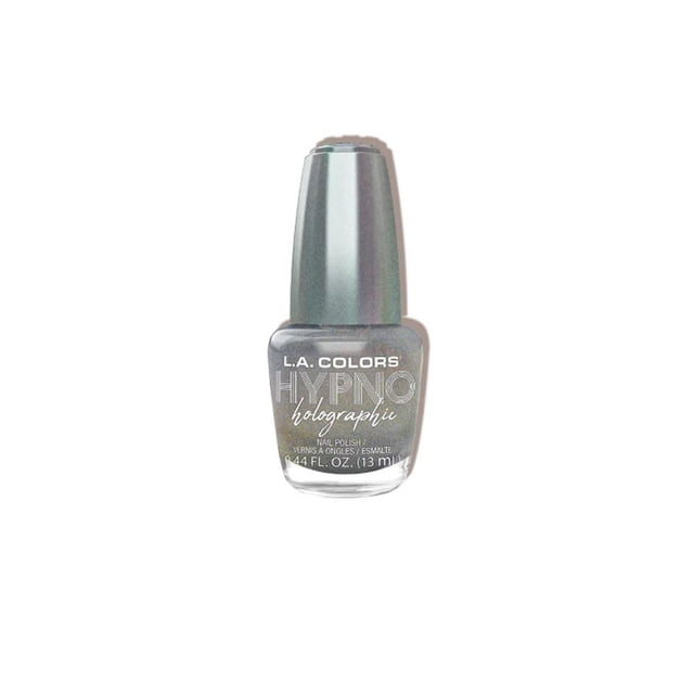 Hypno Holographic Nail Polish par L.A. COLORS dans une Bouteille en Verre Transparent de 13 ml avec Capuchon Argenté Métallique, Contenant un Vernis iridescent Qui Reflète un Éclat Arc-en-Ciel, Convient au Soin des Ongles et à l'Ajout d'Un Effet de Laque Holographique.