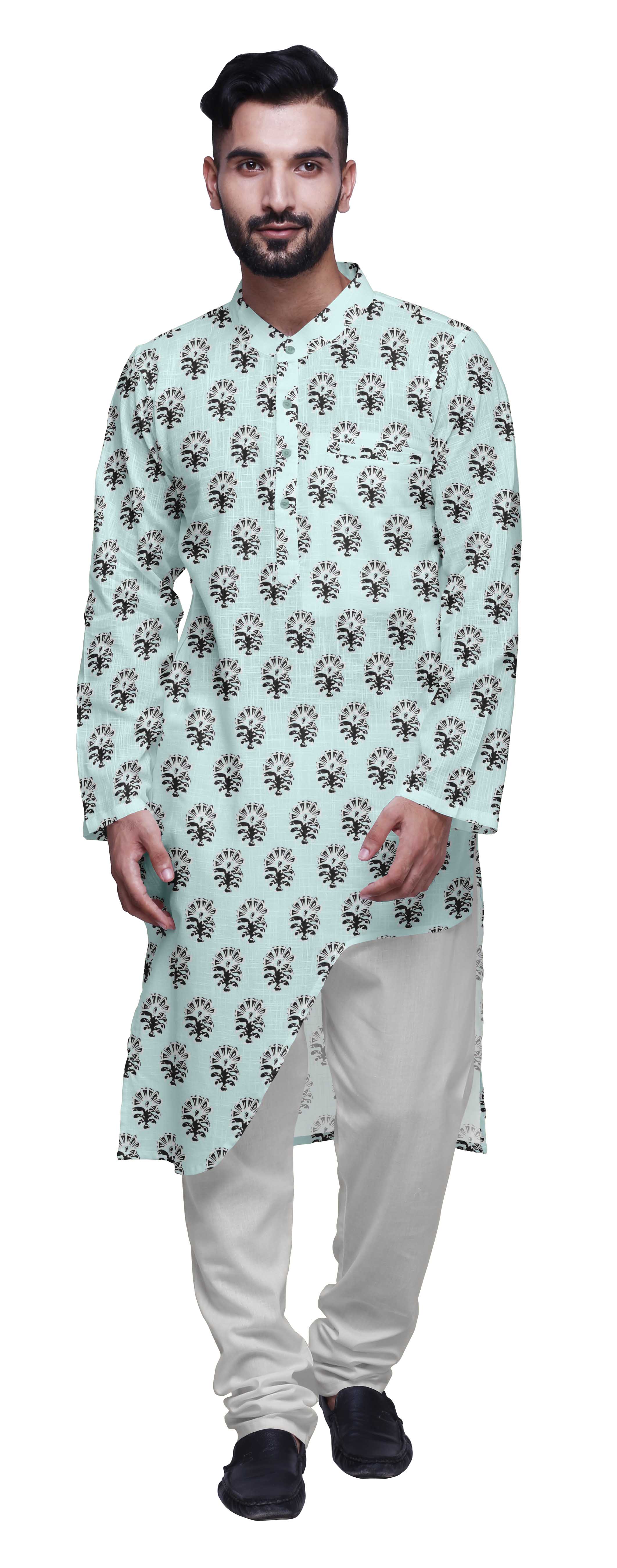 Atasi Printed Casual Asymmetric Kurta Pyjama For Men Designer Long Kurta Set