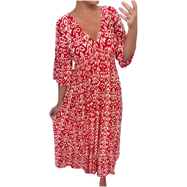 JIRNDf Robes Maxi d'Été pour Femmes Tendance à Imprimé Floral, par-Dessus, Col en V, Sans Manches, Robes d'Été pour Femmes, Robe Bohème Rouge G