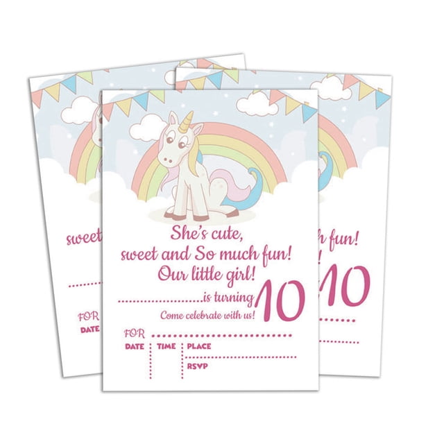 Darling Souvenir Blue Birthday Invitation Card set, featuring 28 fill-in or write-in blank invites. Each card measures 5 x 7 inches and is printed on high-quality 300 GSM card paper. The design includes a whimsical unicorn with a rainbow background, colorful bunting, and customizable fields for event details. Envelopes are not included but can be purchased separately in A7 size. Ideal for children's birthday parties or themed celebrations.