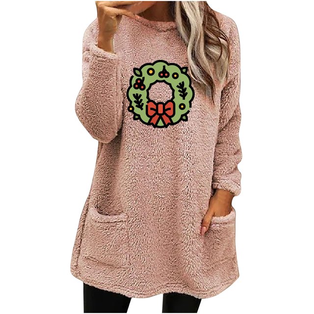 Timegard Tops for Women Fall Winter Fleece Linend Christmas Print Long Sleeve Thick Pullover with Pockets