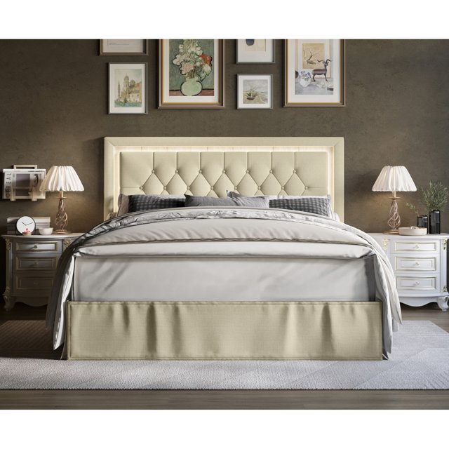 Lit Plateforme Rembourré Capitonné Gianna Beige - Grand Lit